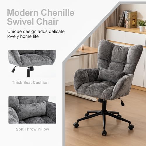 Home Office Desk Chair, Modern Tufted Chenille Vanity Chair, Adjustable Upholstered Swivel Computer Chairs for Bedroom, Living Room，Grey - color: Grey