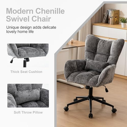 Home Office Desk Chair, Modern Tufted Chenille Vanity Chair, Adjustable Upholstered Swivel Computer Chairs for Bedroom, Living Room，Grey - color: Grey