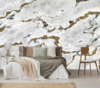 Marble Wallpaper Large Abstract Gold Wall Mural | 151"x96", for Bedroom Living Room Bathroom, Textured Fabric, Not Peel and Stick - color: Mural 12, size: 151" x 96"