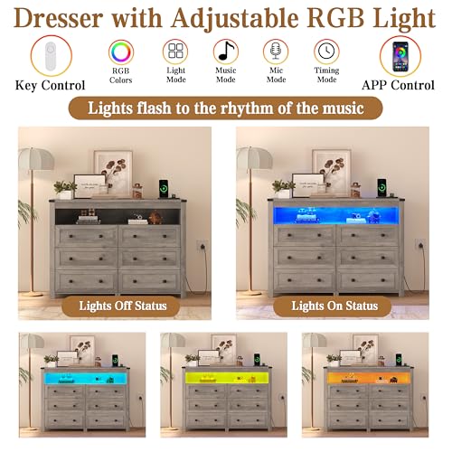 Grey Dresser 6 Drawer Dressers for Bedroom with LED Lights, Charging Station, Wood Chest of Drawers with Metal Handles, Modern TV Stand Storage Cabinet for Living Room, Hallway, Entryway, Gray - color: Grey, style: LED 6 Drawers