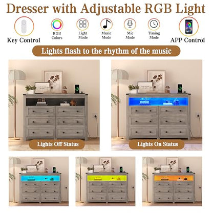 Grey Dresser 6 Drawer Dressers for Bedroom with LED Lights, Charging Station, Wood Chest of Drawers with Metal Handles, Modern TV Stand Storage Cabinet for Living Room, Hallway, Entryway, Gray - color: Grey, style: LED 6 Drawers
