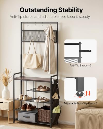 VEVOR Hall Tree, 70.9 in Coat Rack with Shoe Storage, Freestanding 4-Tier Shoe Rack Organizer with Hooks, Side Pocket and Wire Shelf, Steel Frame Entrance Coat Holder for Entryway, Bedroom, Closet - size: High Shoe Rack