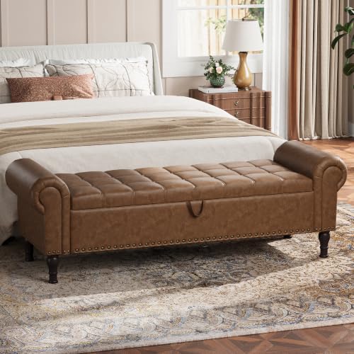 YOUDENOVA 60" Entryway Bench with Storage, PU Leather End of Bed Bench with Tufted Button, Upholstered Ottoman Bench with Rolled Arms for Living Room, Storage Room, Bedroom, Brown - color: Brown, size: 60 Inches