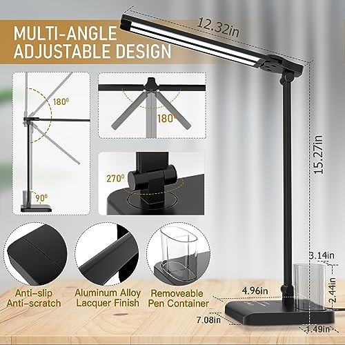 Dimmable LED Desk Lamp with USB Charging Port, 50 Lighting Modes Dual Swing Arm Architect Table Lamp Light Desk Lamp for Home Office Dorm Piano Nail - color: Black