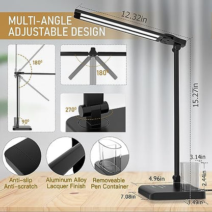 Dimmable LED Desk Lamp with USB Charging Port, 50 Lighting Modes Dual Swing Arm Architect Table Lamp Light Desk Lamp for Home Office Dorm Piano Nail - color: Black