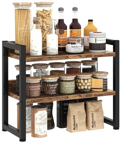 Kitchen Countertop Organizer Shelf, 3 Tier Spice Rack Wood Coffee Counter Shelf Kitchen Cabinet Organizer with Metal Leg for Countertop, Pantry, Bathroom Countertop Organizer, Rustic Brown