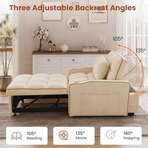 Sleeper Chair with USB Port, 3 In1 Pull Out Sofa Bed, White | Adjustable Backrest,Soft Cushioning,Handy Side Pocket,Cup Holders,Phone Holder - color: D-white-g2