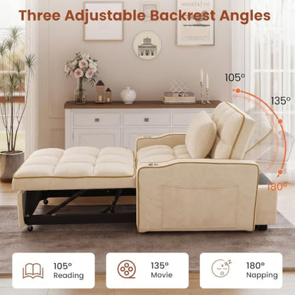 Sleeper Chair with USB Port, 3 In1 Pull Out Sofa Bed, White | Adjustable Backrest,Soft Cushioning,Handy Side Pocket,Cup Holders,Phone Holder - color: D-white-g2
