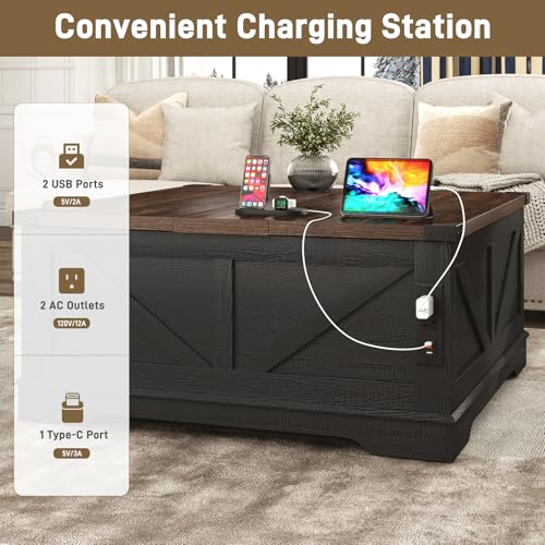 Hlivelood 40” Large Farmhouse Lift Top Coffee Table with Power Outlets and Large Hidden Storage, Square Wood Living Room Tables, Multi-Function Lift Wooden Barn Door Center Table, Black - color: Black
