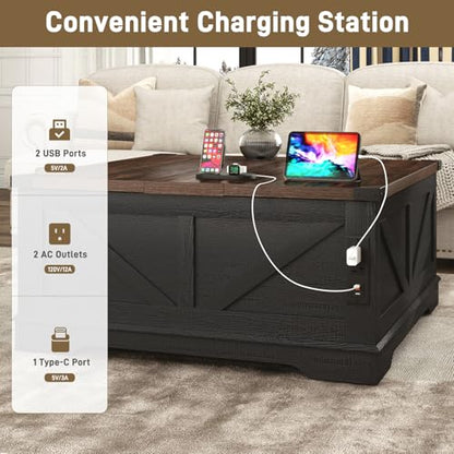 Hlivelood 40” Large Farmhouse Lift Top Coffee Table with Power Outlets and Large Hidden Storage, Square Wood Living Room Tables, Multi-Function Lift Wooden Barn Door Center Table, Black - color: Black