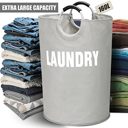 DOKEHOM 160L XX-Large Laundry Basket (7 Colors), Collapsible Laundry Bag, Foldable Laundry Hamper, Folding Washing Bin (Grey, XXL) | Freestanding tall washing bin & foldable laundry bag. Extra large clothes storage basket with durable sturdy handles - col