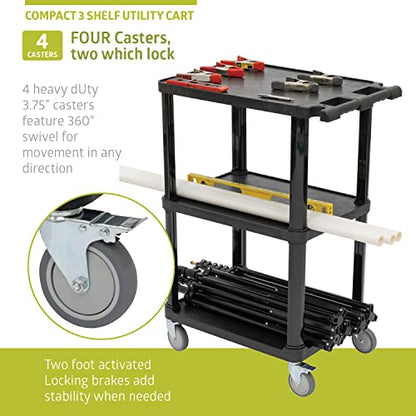 Pearington 3-Tier Compact Multi-Purpose Utility Cart with Lockable Wheels and Ergonomic Handle, Black, 2 Pack - size: 2 Pack