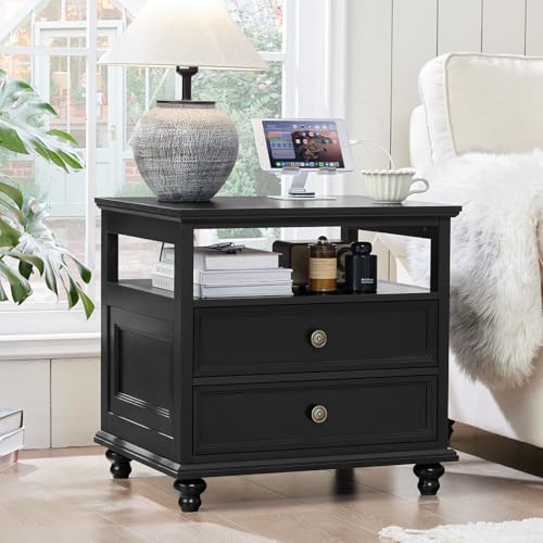 Joaxswe Farmhouse Nightstand with Charging Station, 24" Wide End Table with 2 Drawers, Black Dresser for Bedroom, Bed Side Table Chest of Drawers Cabinet,Wood Night Stand for Living Room, Closet - color: Black, size: 19.76"D x 24"W x 22.91"H (2 Drawers)