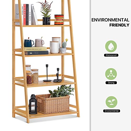 Magshion Bamboo Ladder Bookshelf 5-Tier Ladder Shelf Floor Freestanding Display Shelving Units Storage Rack Plant Stand for Home Office Library (Natural, 27" L x 15" W x 58.5" H)