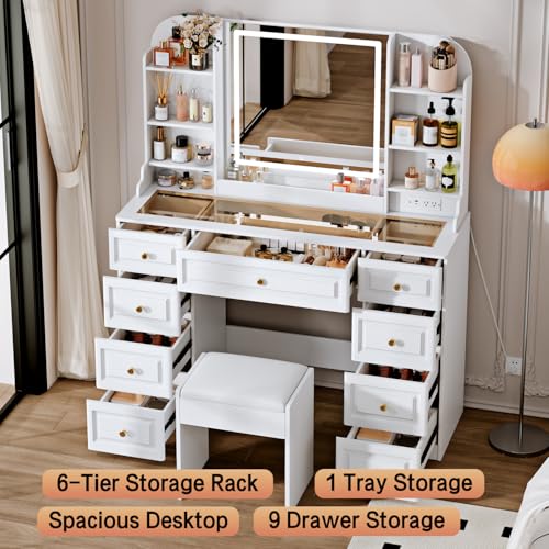 Arulvmrn 43" Makeup Vanity Desk with Mirror and Lights, & Power Outl, Glass Top Big Vanity Table with 9 Drawers& 8 Storage Shelves, Dressing Table Set with Chair for Bedroom, White - color: White