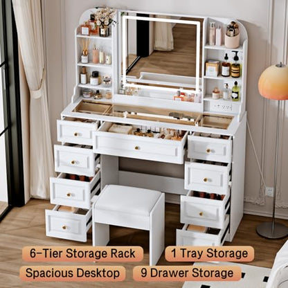 Arulvmrn 43" Makeup Vanity Desk with Mirror and Lights, & Power Outl, Glass Top Big Vanity Table with 9 Drawers& 8 Storage Shelves, Dressing Table Set with Chair for Bedroom, White - color: White