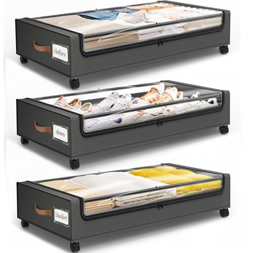 Under Bed Storage with Wheels 3Pack Storage Containers with Clear Window | Under Bed Drawers Rolling Under Bed Storage for Clothes,Shoes, Blankets (30.71 x 16.93 x 6.69 in, Dark Grey) - color: Dark Grey, size: 3 Pack