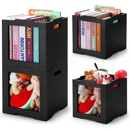 2 Pack Stackable Wood Storage Bins with Metal Wire and Handles, Wooden Storage Crate Basket for Shelves Pantry Cube Holder Book Fruit Vegetable Clothes(Black,11 Inch) - color: Black, size: 11 Inch