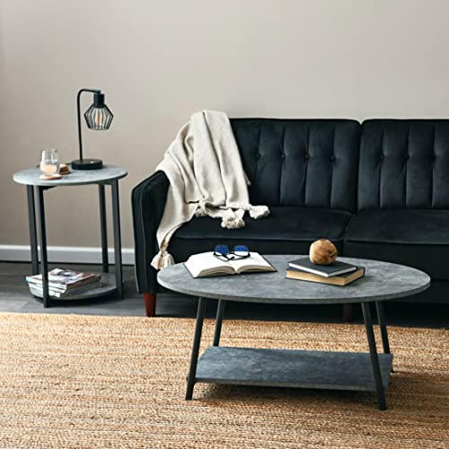 Household Essentials Jamestown Round Side End Table with Storage Shelf Rustic Slate Concrete and Black Metal - color: Slate