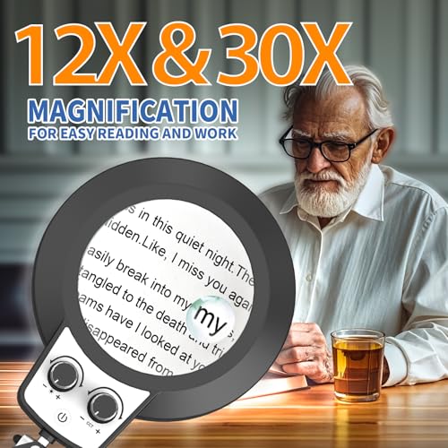 HITTI 12X & 30X Magnifying Glass with Light, Infinite Color and Brightness Desk Lamp & Clamp, 2-in-1 LED Lighted Magnifier Stand for Craft Reading Hobby Soldering Puzzle (12X & 30X Ring Base & Clamp) - size: 12X & 30X Ring Base & Clamp