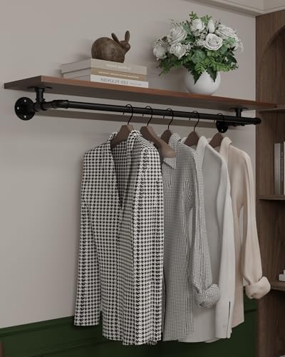 Clothes Rack 48in, Wall Mounted Garment Rack with Solid Walnut Wood Shelf, Heavy Duty Hanging Clothes Rack, Multi-Purpose Hanging Rod, Space-Saving Closet Storage - color: Walnut, size: 1T48IN