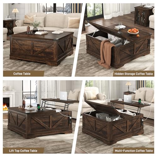 Hlivelood 40” Large Farmhouse Lift Top Coffee Table with Power Outlets and Large Hidden Storage, Square Wood Living Room Tables, Multi-Function Lift Wooden Barn Door Center Table, Brown - color: Brown