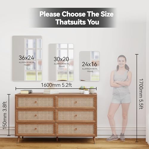 30x20 Bathroom Mirror Rect Wall Mounted Aluminum Metal Frame Silver | HD Crystal Clear Tempered Glass,Make-Up Vanity Mirrors for Bedroom,Entryway,Living Room,Horizontally or Vertically - color: Silver, size: 30"L x 20"W