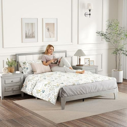 HOMCOM Queen Size Bed Frame, Upholstered Headboard, Wooden Slats, Gray | Platform Bed Frame, No Box Spring Needed, Easy Assembly - size: Queen