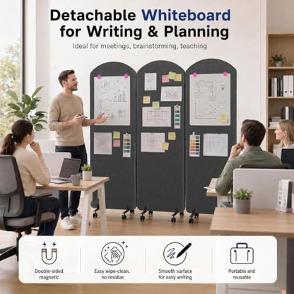 3-Panel Office wall Divider W/Wheels, 72 x 66 in Portable Partition wall | Office Dividers for Sound Proofing & Reducing, Freestandings Privacy Cubicle Temporary Wall with Whiteboards, pen, thumbtacks - color: Dark Gray