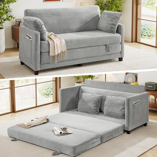 65" Loveseat Sleeper Sofa Bed, Corduroy Convertible Sofa Bed for Small Spaces, Folding Couch Bed with Deep Seat, 2 Pillows & Solid Frame, Pull Out Floor Couches for Living Room, Grey - color: Light Grey, size: 65" W