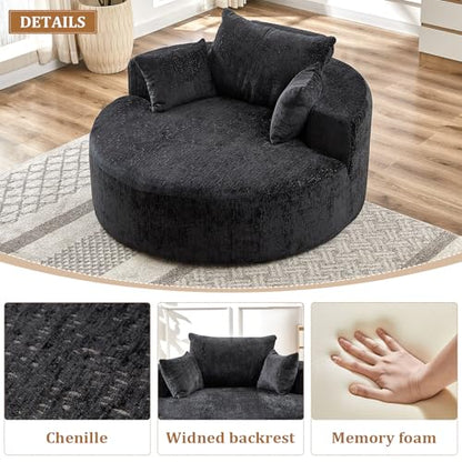 55" Oversized Round Chaise Longue Chair Indoor, Upholstered Chenille Circle Single Cloud Reading Sofa Chair Deep Seat Modern Boneless Sleeper Couch No Assembly Required, Black - color: Black, style: 55"Chenille