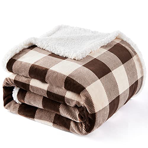 Sherpa Buffalo Plaid Christmas Twin Blanket 60" X 70", Fuzzy Fluffy Soft Cozy Throw Blanket, Fleece Flannel Plush Microfiber Blanket for Couch Bed Sofa(Brown) - color: Brown01