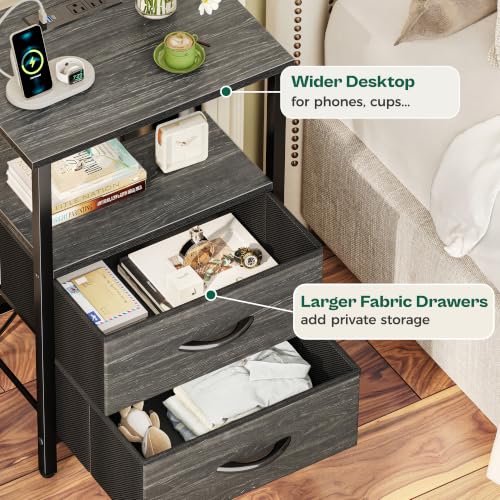 Huuger Night Stand with Charger Station and LED Lights, 2 Drawer Nightstand | Bed Side Table with Open ShelfEnd TableFabric Drawers for Bedroom, Charcoal Black - color: Charcoal Black, size: 11.8"D x 15.7"W x 23.6"H（2 Drawers）