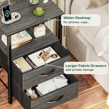 Huuger Night Stand with Charger Station and LED Lights, 2 Drawer Nightstand | Bed Side Table with Open ShelfEnd TableFabric Drawers for Bedroom, Charcoal Black - color: Charcoal Black, size: 11.8"D x 15.7"W x 23.6"H（2 Drawers）