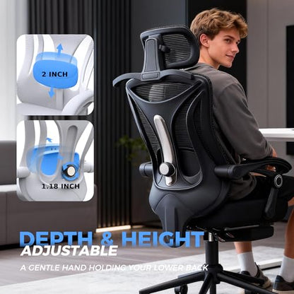 CYKOV Ergonomic Office Chair, Reclining, Footrest, Adjustable Lumbar, 350LB | 4-Way Headrest (4.72" + 60°), 2-Way Lumbar (2" + 1.18"), 90-135° Recline, Breathable Mesh, Gaming & Office, 5-Year Warranty - color: Black