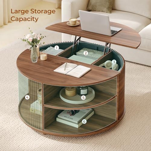 Round Lift Top Coffee Table, 34.6" Modern Coffee Table with 180° Curved Sliding Door, Fluted Accent Coffee Tables with Hidden Storage and Open Shelves, for Living Room, Office, Walnut - color: Walnut