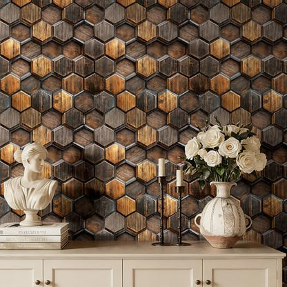 Log Cabin Wood Wallpaper Peel and Stick Wood Grain Contact Paper Dark Brown Walnut Waterproof Tile Wallpaper Kitchen Backsplash Geometric Hexagon Wall Panel Self Adhesive Removable 17.5x80 - size: 17.5x80 Inch