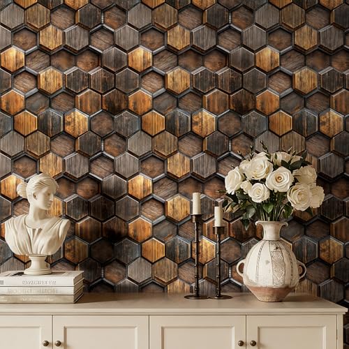 17.5x393 Dark Brown Wood Peel and Stick Wallpaper Log Cabin Wallpaper Decorative Contact Paper Patterns Wood Grain Renter Friendly Backsplash Kitchen Tiles Geometric 3D Wall Covering Accent - size: 17.5x393 Inch