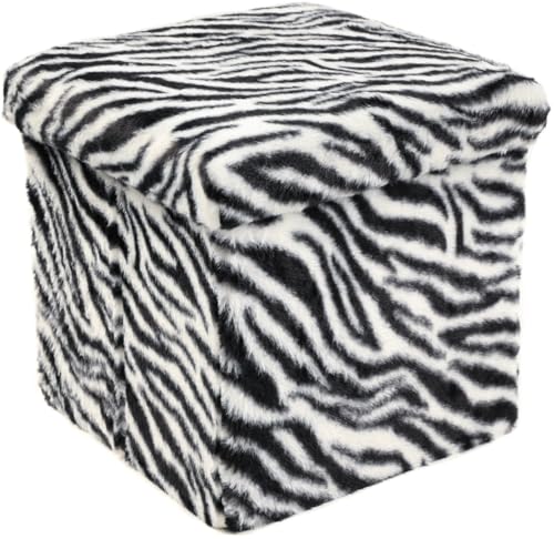 Luxe Faux Fur Storage Ottoman, Zebra Black/White, 12 x 12 x 12 in | Engineered Wood, Tool-Free Assembly, Modern Style, Seat And Footrest - color: Zebra Black/White, size: 12"D x 12"W x 12"H