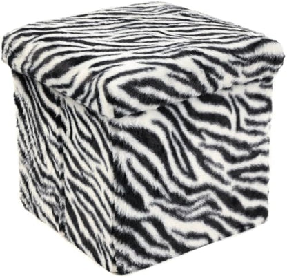 Luxe Faux Fur Storage Ottoman, Zebra Black/White, 12 x 12 x 12 in | Engineered Wood, Tool-Free Assembly, Modern Style, Seat And Footrest - color: Zebra Black/White, size: 12"D x 12"W x 12"H