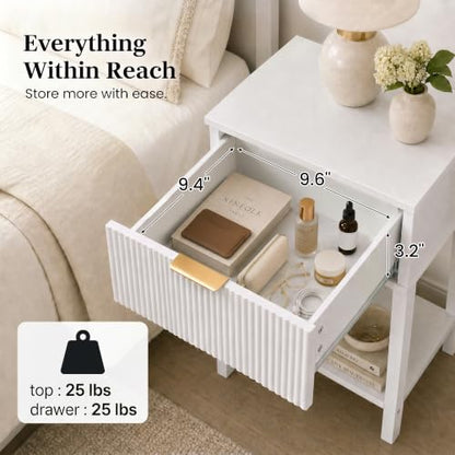 White 15.4" Wide Small Nightstand with Drawer,Open Shelf,Fluted Front | Bright white tone, ribbed fluted front, 11.8-inch slim depth, concealed storage, clean fit for bed, sofa side, or chair side - color: White