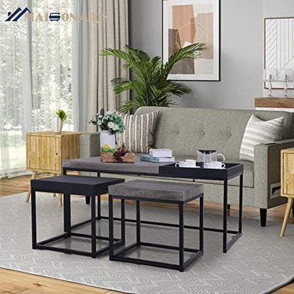 MAISON ARTS Nesting Coffee Table Set of 3, Wood-Like and Black | Rectangle Center Table, Morden Living Room Coffee Table and End Table Sets for Home Indoor Use - color: Wood-like&black