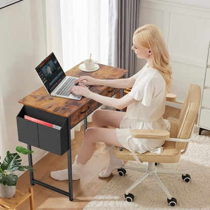 DUMOS 32-Inch Small Computer Desk with Drawers and Hook, Brown | Home Office Desk for Bedroom, Gaming Writing Study Desk with Adjustable Feet - color: Brown, size: 32-In