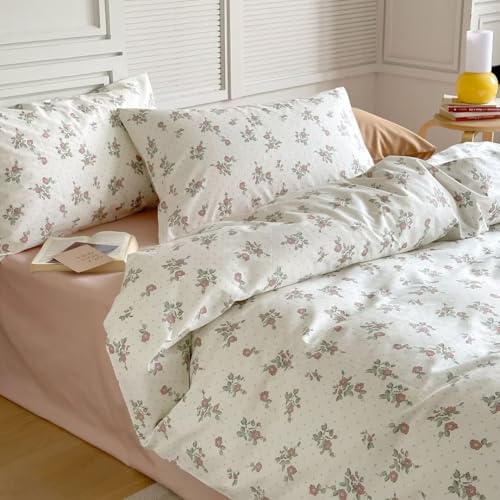 MKXI Garden Floral Duvet Cover Peach Blossom Aesthetic Bedding White Print Duvet Cover Pink Floral Twin Size Cottagecore Soft Bedding 100% Cotton - color: 018 Peach Blossom, size: Twin