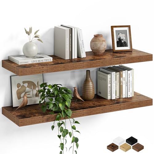 Fun Memories Floating Shelves for Wall, 30 Inch Set of 2 Rustic Wood Wall Shelves with Invisible Brackets, Heavy Duty Storage Display for Living Room Bedroom Kitchen, Brown - color: Rustic Brown, size: 6.5"D x 30"L - 2Pack
