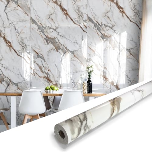Marble Peel and Stick Waterproof Wall Paneling, 118" x 47" Calacatta Gold Glossy Finish Self-Adhesive Backsplash Tile Vinyl Wall Panel for Kitchen Bathroom Wall Decor, Covers 38.75 Sq. Ft. - color: Glossy Calacatta Gold