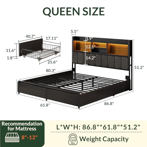 Queen Bed Frame with 6 Storage Drawers, Bed Frame Queen Size with Linen Upholstered Headboard, Built in Charging Station and LED, No Noise, Metal Support, No Box Spring Needed,Vintage Black - color: Black and Grey, size: Queen