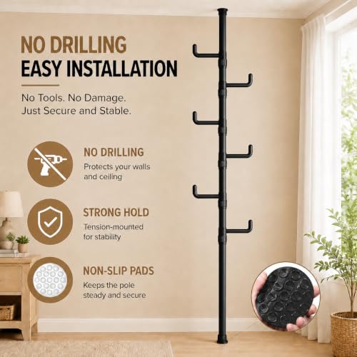 Floor to Ceiling Clothes Drying Rack, Adjustable Tension Pole Laundry Rack for Balcony. Vertical Coat Hanger Stand for Bathroom Bedroom, No Drilling Easy Install Space Saving (Black) - color: Black