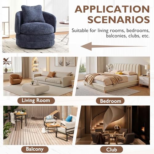 Round Swivel Barrel Chair with Comfy Pillow, Beige Small Accent Chair with Curved Backrest, Modern Upholstered Armchair & Chenille Barrel Accent Chairs for Living Room Bedroom Office (Blue) - color: Blue