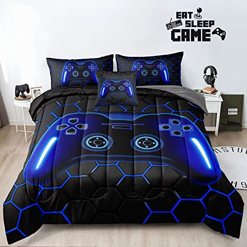 6 Pieces Gaming Bedding Set Full Size for Boys Gamer Comforter Set for Boys Girls Kids Teens 6 Piece Bed in A Bag Video Game Bedding for Gamer Room Decorative Full45 - color: Dark Blue, size: Full